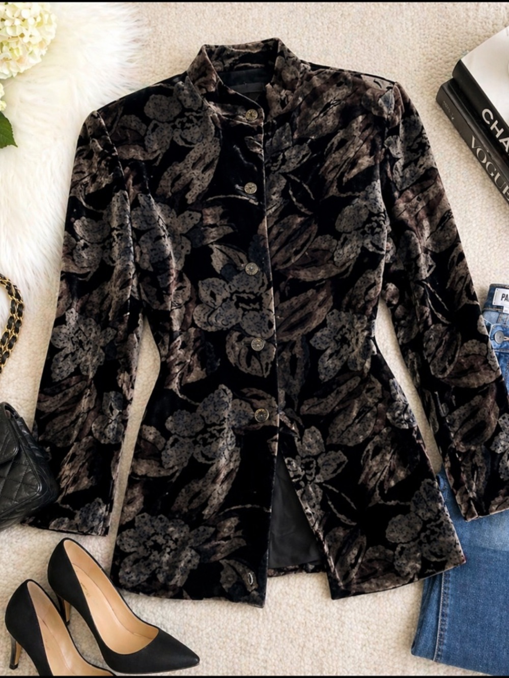 Dana Buchman Silk Velvet Black Floral Button Down Long Blazer 8 Jacket Medium - Picture 1 of 11